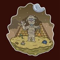 mascote dos desenhos animados da múmia de halloween na noite da pirâmide. vetor