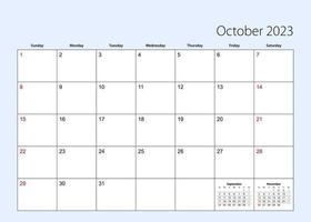 planejador de calendário de parede para outubro de 2023. idioma inglês, semana começa a partir de domingo. vetor