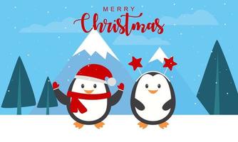 cartão de feliz natal com ilustração vetorial de pinguins de inverno fofos vetor