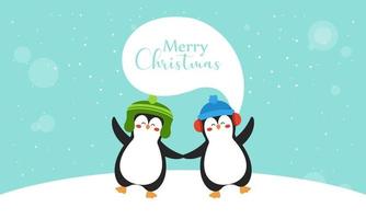 cartão de feliz natal com ilustração vetorial de pinguins de inverno fofos vetor
