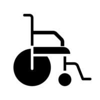 ícone de glifo preto de cadeira de rodas. dispositivo de transporte médico. reabilitação de lesões. assistência médica. mobilidade do paciente. símbolo de silhueta no espaço em branco. pictograma sólido. ilustração vetorial isolada vetor