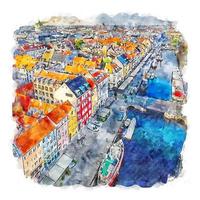 kobenhavn Dinamarca esboço em aquarela ilustração desenhada à mão vetor