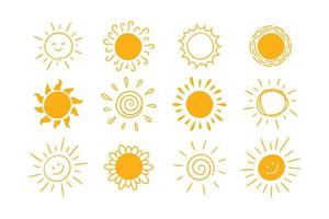 doodle conjunto de ícones de sol diferente. rabiscar sol amarelo com símbolos de raios. doodle coleção de desenhos de crianças. explosão desenhada à mão. sinal de tempo quente. ilustração vetorial isolada no fundo branco vetor