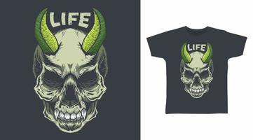 design de t-shirt de ilustração vetorial detalhada de cabeça de caveira de diabo vetor