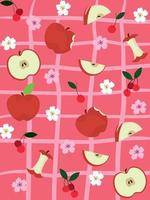 vetor de maçã meio cortado cortado em fatias, padrão perfeito de flor de cerejeira e flor