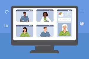 a tela do monitor em que é desenhada a videoconferência dos médicos. . o conceito de uma reunião online de profissionais médicos. vetor