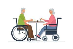 um homem idoso e uma mulher em cadeiras de rodas jogam xadrez. passatempo para deficientes. vetor