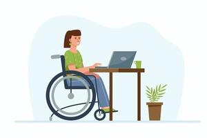 mulher com deficiência no trabalho remoto em casa. uma garota freelancer em uma cadeira de rodas está sentada com um laptop. o conceito de emprego para pessoas com necessidades especiais. vetor