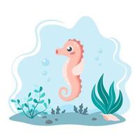 cavalo-marinho bonito dos desenhos animados no fundo do mar com bolhas, algas e concha vetor