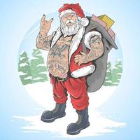 Papai Noel tatuado carregando uma sacola de presente