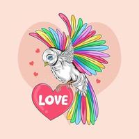 pássaro com asas coloridas carrega coração de amor vetor