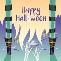 cartaz de vetor de feliz dia das bruxas retratando as pernas da bruxa que está caçando um esqueleto. a bruxa de meias listradas está caçando esqueletos no cemitério. cartaz de halloween estilo cartoon.