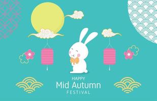 pôster do festival de meados do outono com coelho feliz e decoração vetor