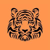 logotipo de símbolo de cabeça de tigre preto em fundo laranja. desenho de tatuagem tribal de animais selvagens. ilustração vetorial plana de estêncil vetor
