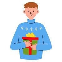 jovem com presentes de ano novo. personagens de desenhos animados engraçados se preparando para o natal. homem recebendo presentes. venda de natal ou conceito secreto de surpresas de papai noel. ilustração em vetor plana.