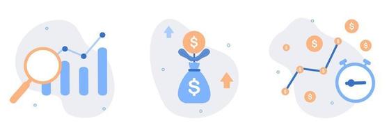 conjunto de ilustração de crescimento de finanças. analisando investimentos, sucesso financeiro e crescimento do dinheiro. gestão de finanças, investir dinheiro, economizar ativos, conceito de aumento de dinheiro. ilustração em vetor web plana.