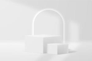 pódio de pedestal quadrado 3d realista branco com pano de fundo de luz neon arredondado. plataforma geométrica de renderização de vetor abstrato. apresentação de exibição do produto. cena mínima. fundo de postagem de mídia social.