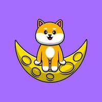 cão bonito shiba inu sentado na ilustração de ícones do vetor dos desenhos animados da lua. conceito de desenho animado plano. adequado para qualquer projeto criativo.