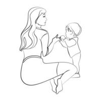 mãe feliz com bebê linha desenho vector preto e branco illustration.mother segurando a mão do bebê minimalista preto linear esboço isolado na família background.happy branco, maternidade.