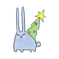 vector coelho azul de natal bonito desenhado à mão em aquarela com abeto. coelho com decorações de ano novo.