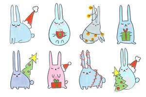 vetor definido com coelhinhos fofos em aquarela para o natal e ano novo. coelhos de inverno em decorações festivas.