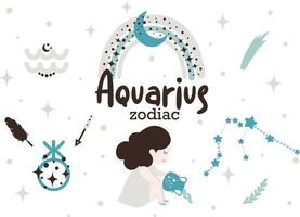 Signo de aquário clipart - lindo horóscopo de crianças, estrelas do zodíaco, constelação, arco-íris, planeta, seta e cometa isolado ilustração vetorial no fundo branco. personagem astrológico de vetor fofo.