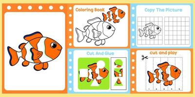 pacote de planilhas para crianças com vetor de peixe. livro de estudo infantil