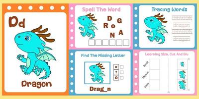 pacote de planilhas para crianças com vetor de dragão. livro de estudo infantil