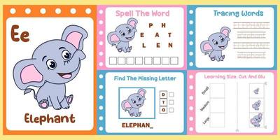 pacote de planilhas para crianças com vetor de elefante. livro de estudo infantil