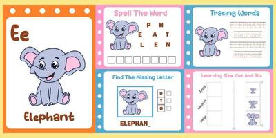 pacote de planilhas para crianças com vetor de elefante. livro de estudo infantil