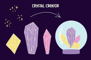 conjunto de cristal. cristal criador pedra ou gema cristalina. cristais desenhados à mão mágica e texturas de estrelas. cristalização mineral rochosa. diamante não tratado em cores violetas. ilustração vetorial. vetor