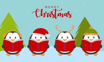 cartão de feliz natal com ilustração vetorial de pinguins de inverno fofos vetor