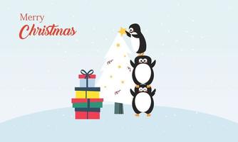 cartão de feliz natal com ilustração vetorial de pinguins de inverno fofos vetor