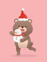 mascote de personagem de urso bebê fofo com chapéu de papai noel e boneco de neve, feliz celebrando o natal, estilo de desenho animado vetorial vetor