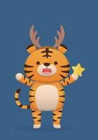 mascote de personagem de tigre fofo com estrelas e chifres, feliz em comemorar o natal, estilo de desenho animado vetorial vetor