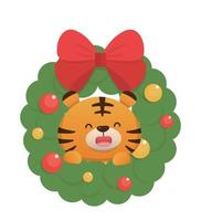 mascote de personagem de tigre fofo com guirlanda de natal, feliz em comemorar o natal, estilo de desenho animado vetorial vetor