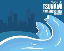 gráfico de ilustração vetorial de ondas altas do tsunami no meio da noite, mostrando a silhueta urbana, perfeita para o dia internacional, dia mundial de conscientização do tsunami, comemorar, cartão de felicitações, etc vetor