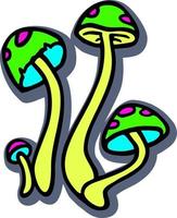 adesivo de cogumelos neon. grupo de cogumelo venenoso brilhante neon. elemento hipster psicodélico. planta de fungos de conto de fadas com adesivo único de efeito alucinógeno vetor