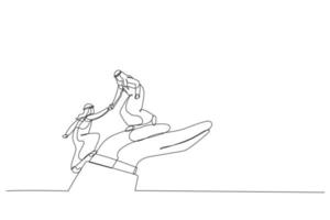 desenho animado do empresário árabe ajuda o companheiro a subir para a mão gigante. arte de linha contínua vetor