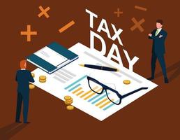 empresários no dia do imposto com documentos estatísticos vetor