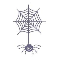 aranha fofa pendurada na teia de aranha. personagem de halloween com olhos grandes e sorriso. vetor