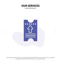 nosso modelo de cartão web de ícone de glifo sólido de seta de hotel de passagem de bilhete de serviços vetor
