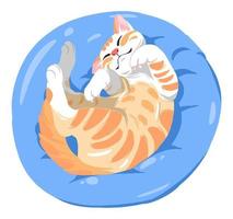 lindo gato laranja está dormindo em um travesseiro macio azul. adequado para tema de animais de estimação, fofo, animal, design de camiseta, amante de animais, comunidade de gatos. estilo de desenho animado desenhado à mão vetor