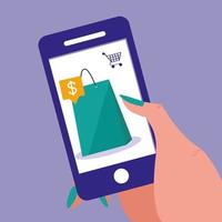 mão e smartphone com compras online vetor