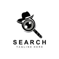 design de logotipo de pesquisa, ilustração de detetive, pesquisa em casa, lente de vidro, vetor de marca da empresa