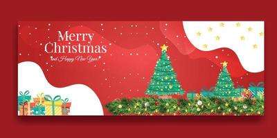 fundo vermelho de natal com flocos de neve dourados e bolas de suspensão. cartão de feliz natal. cartaz de natal e ano novo de férias, banner web, site de cabeçalho vetor