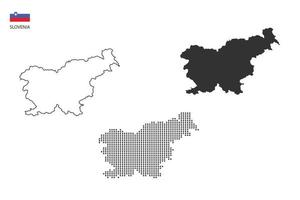 3 versões do vetor da cidade do mapa da Eslovênia por estilo de simplicidade de contorno preto fino, estilo de ponto preto e estilo de sombra escura. tudo no fundo branco.