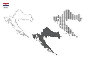 3 versões do vetor da cidade do mapa da croácia pelo estilo de simplicidade de contorno preto fino, estilo de ponto preto e estilo de sombra escura. tudo no fundo branco.