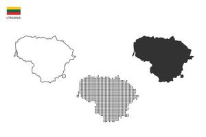 3 versões do vetor da cidade do mapa da Lituânia por estilo de simplicidade de contorno preto fino, estilo de ponto preto e estilo de sombra escura. tudo no fundo branco.