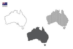 3 versões do vetor da cidade do mapa da austrália pelo estilo de simplicidade de contorno preto fino, estilo de ponto preto e estilo de sombra escura. tudo no fundo branco.